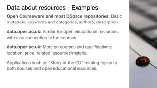Data about resources - Examples
Open Courseware and most DSpace repositories: Basic
metadata, keywords and categories, authors, description.
data.open.ac.uk: Similar for open educational resources,
with also connection to the courses
data.open.ac.uk: More on courses and qualifications:
location, price, related resources/material
Applications such as “Study at the OU” relating topics to
both courses and open educational resources.
 