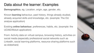 Data about the learner: Examples
Demographics, eg. Location, origin, age, gender, etc.
Known learning behaviour, past history, things already studied,
already acquired skills and knowledge, etc. (example: The OU
analyse application)
Existing online behaviour, preferences, habits, etc. (example: the
UCIAD/Moluti application)
From: Activity data on virtual campus, browsing history, activities on
social media (especially professional social networks such as
LinkedIn, social learning platforms, resource sharing platforms such
as slideshare)
 