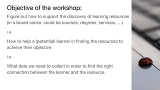 Objective of the workshop:
Figure out how to support the discovery of learning resources
(in a broad sense: could be courses, degrees, services, …)
i.e.
How to help a (potential) learner in finding the resources to
achieve their objective
i.e.
What data we need to collect in order to find the right
connection between the learner and the resource
 