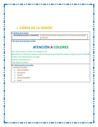  CIERRE DE LA SESIÓN
8.- Análisis de la sesión
RECOMENDACIONES / VARIANTES: Tabla de técnicas de activación de los estilos de aprendizaje
Anexo 8
9.-Un poco de la próxima sesión:
ATENCIÓN A COLORES
Con cintas en pies y manos y sin apoyo visual
Mencionar los colores de manera variada para que los participantes muevan el brazo o pierna indicada
Primero solo mencionamos un color
Después mencionamos 2
Y por último 3 colores
10.- Avisos previos a la sesión:
CINTASDE COLORES
 ROPA COMODA
 PALIACATE
 TAPETE
 TOALLA DE BAÑO
 AGUA
 