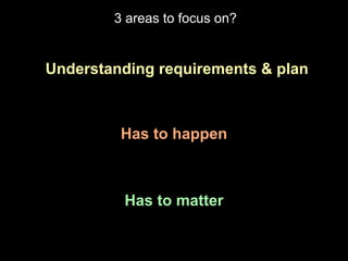 Understanding requirements & plan
Has to happen
Has to matter
3 areas to focus on?
 
