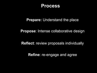 Prepare: Understand the place
Propose: Intense collaborative design
Reflect: review proposals individually
Refine: re-engage and agree
Process
 