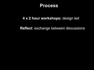 4 x 2 hour workshops: design led
Reflect: exchange between discussions
Process
 