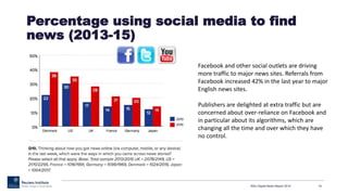 RISJ Digital News Report 2015 19
Percentage using social media to find
news (2013-15)
Facebook and other social outlets are driving
more traffic to major news sites. Referrals from
Facebook increased 42% in the last year to major
English news sites.
Publishers are delighted at extra traffic but are
concerned about over-reliance on Facebook and
in particular about its algorithms, which are
changing all the time and over which they have
no control.
 