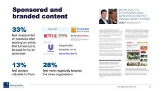 Sponsored and
branded content
RISJ Digital News Report 2015 38
33%
feel disappointed
or deceived after
reading an article
that turned out to
be paid for by an
advertiser
13%
feel content
valuable to them
28%
feel more negatively towards
the news organisation
 