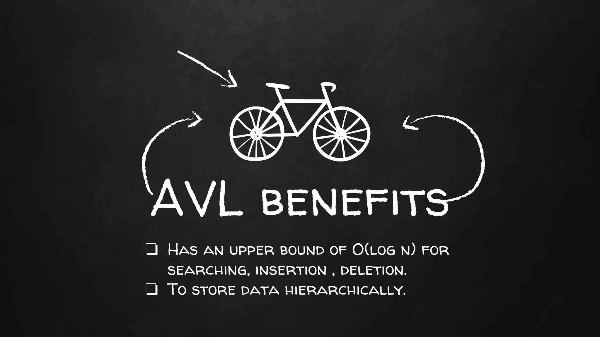AVL benefits
❏ Has an upper bound of O(log n) for
searching, insertion , deletion.
❏ To store data hierarchically.
 