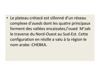 • Le plateau crétacé est sillonné d’un réseau
complexe d’oueds dont les quatre principaux
forment des vallées encaissées,l’oued M’zab
le traverse du Nord-Ouest au Sud-Est. Cette
configuration en résille a valu à la région le
nom arabe :CHEBKA.
 