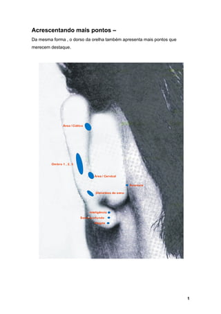 Acrescentando mais pontos –
Da mesma forma , o dorso da orelha também apresenta mais pontos que
merecem destaque.
1
Área / Ciático
Área / Cervical
Distúrbios do sono
Sono profundo
Inteligência
Alegria
Ánorexia
Ombro 1 , 2, 3
 