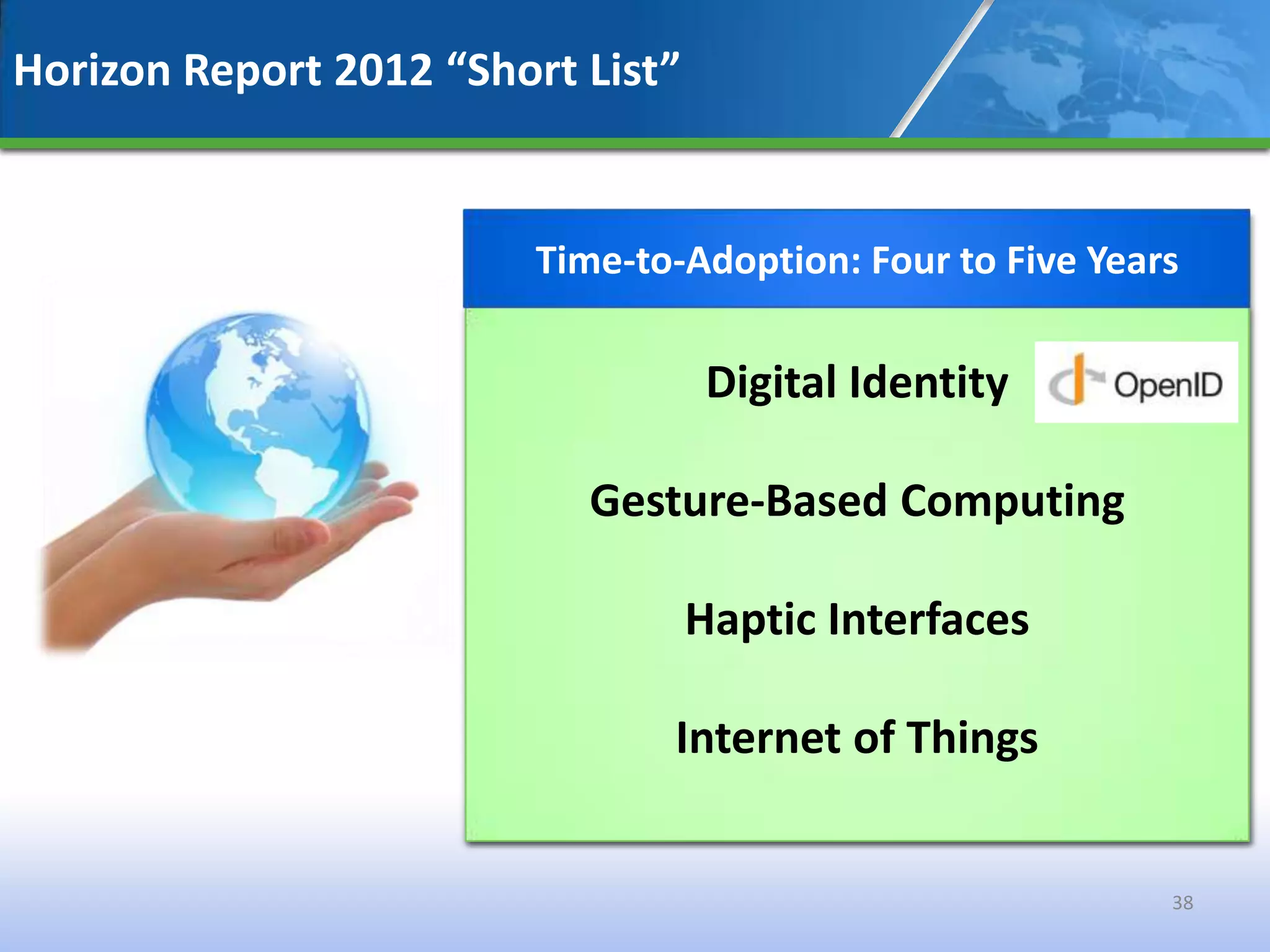 Horizon Report 2012 “Short List”


                         Time-to-Adoption: Four to Five Years

                                    Digital Identity

                            Gesture-Based Computing

                                   Haptic Interfaces

                                Internet of Things


                                                            38
 