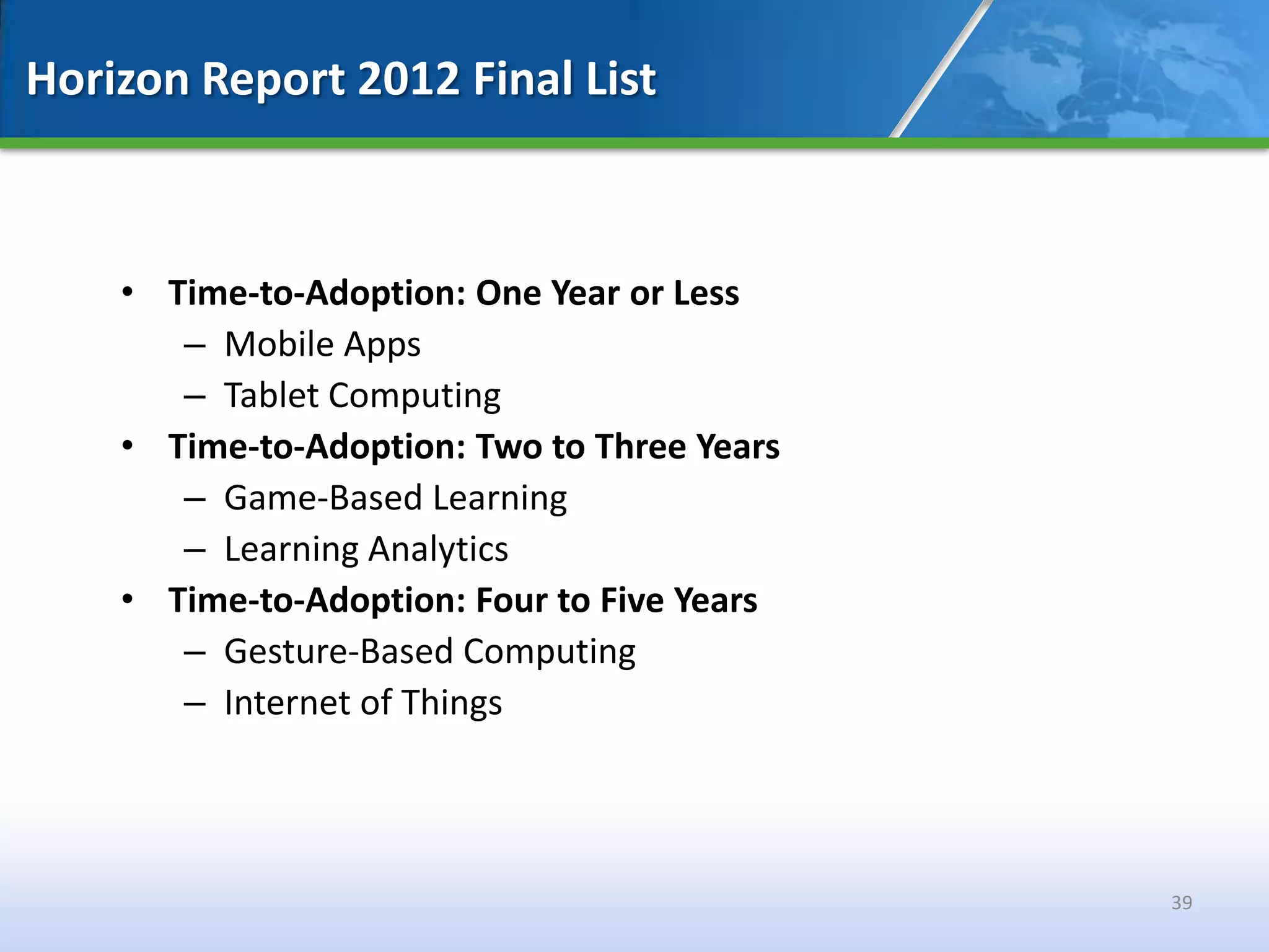 Horizon Report 2012 Final List



    • Time-to-Adoption: One Year or Less
       – Mobile Apps
       – Tablet Computing
    • Time-to-Adoption: Two to Three Years
       – Game-Based Learning
       – Learning Analytics
    • Time-to-Adoption: Four to Five Years
       – Gesture-Based Computing
       – Internet of Things




                                             39
 