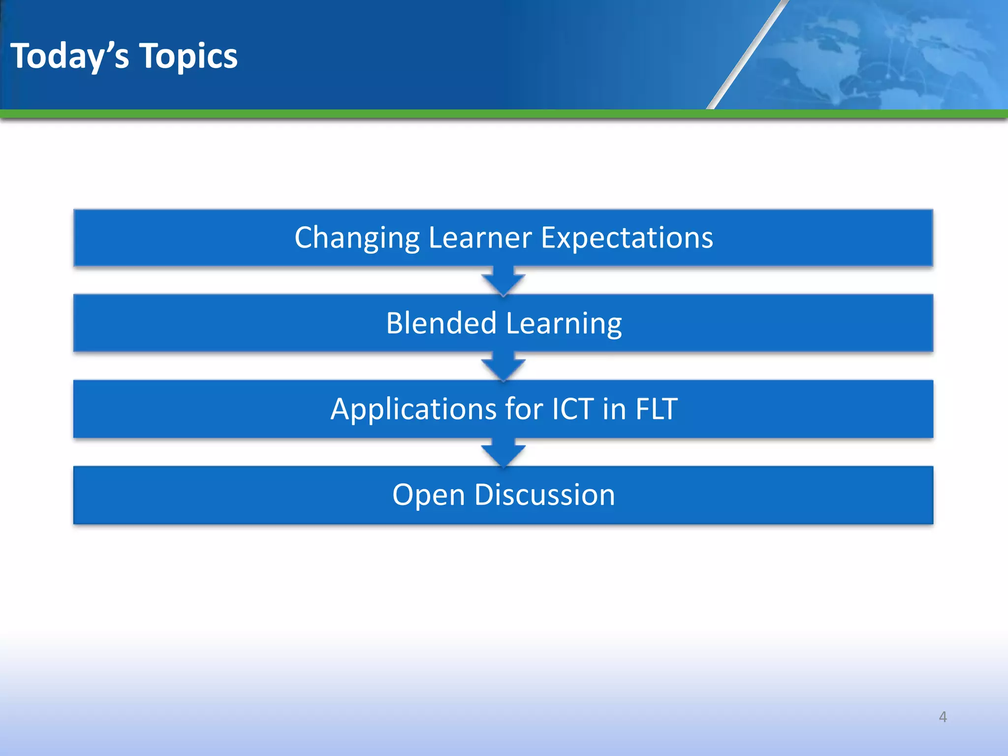 Today’s Topics



                 Changing Learner Expectations

                       Blended Learning

                   Applications for ICT in FLT

                       Open Discussion




                                                 4
 