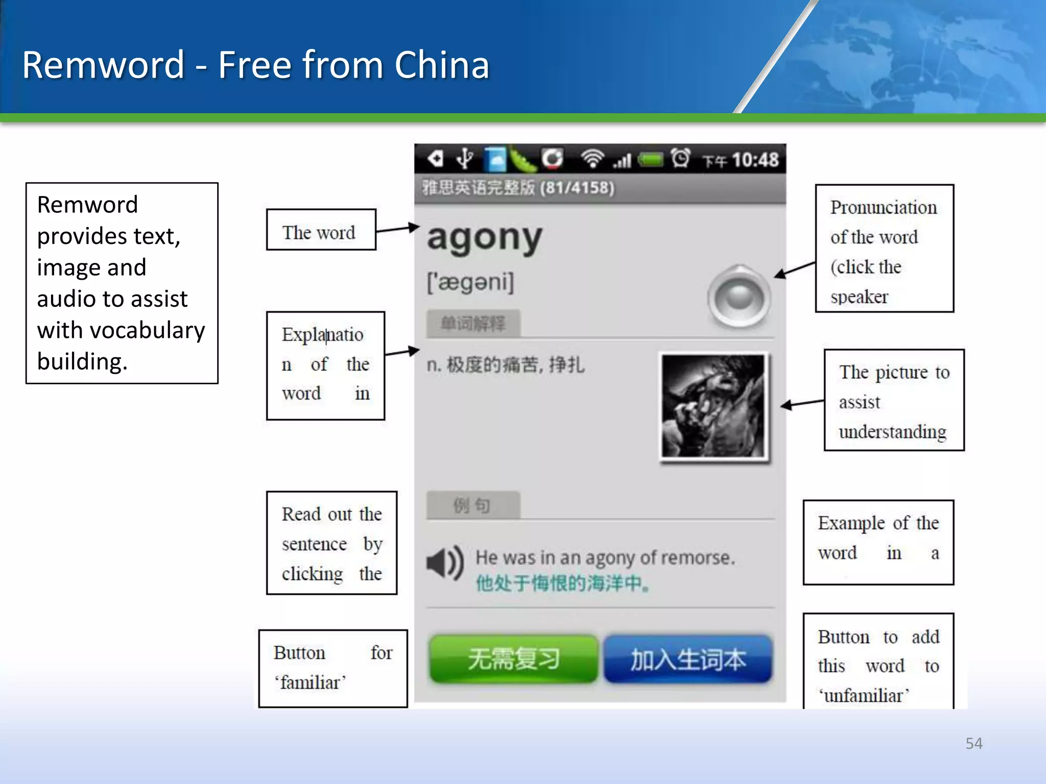 Remword - Free from China


Remword
provides text,
image and
audio to assist
with vocabulary
building.




                            54
 