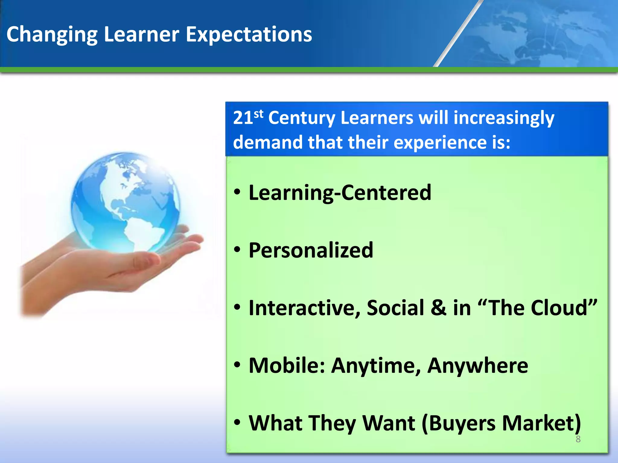 Changing Learner Expectations


                     21st Century Learners will increasingly
                     demand that their experience is:

                     • Learning-Centered

                     • Personalized

                     • Interactive, Social & in “The Cloud”

                     • Mobile: Anytime, Anywhere

                     • What They Want (Buyers Market)
                                                    8
 