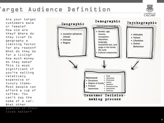 Target Audience Definition
 Are your target
 customers male
 or female?
 How old are
 they? Where do
 they live? Is
 geography a
 limiting factor
 for any reason?
 What do they do
 for a living?
 How much money
 do they make?
 This is most
 significant if
 you're selling
 relatively
 expensive or
 luxury items.
 Most people can
 afford a cup of
 coffee. You
 can't say the
 same of a car.
 What other
 aspects of their
 lives matter?

                             9
 