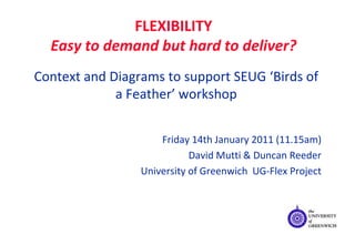 FLEXIBILITY Easy to demand but hard to deliver? Context and Diagrams to support SEUG ‘Birds of a Feather’ workshop Friday 14th January 2011 (11.15am) David Mutti & Duncan Reeder  University of Greenwich  UG-Flex Project 
