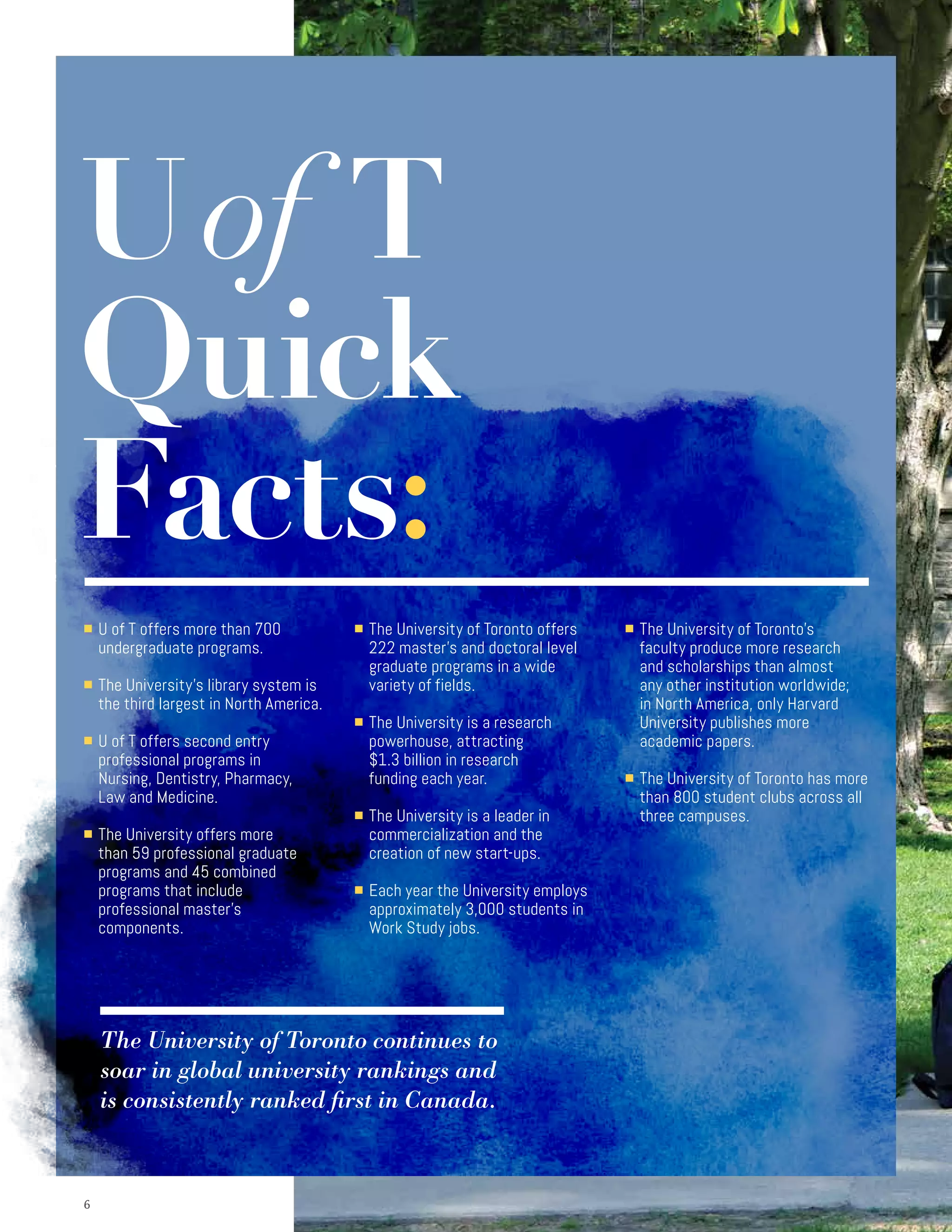 66
■ U of T offers more than 700
undergraduate programs.
■ The University’s library system is
the third largest in North America.
■ U of T offers second entry
professional programs in
Nursing, Dentistry, Pharmacy,
Law and Medicine.
■ The University offers more
than 59 professional graduate
programs and 45 combined
programs that include
professional master’s
components.
■ The University of Toronto offers
222 master’s and doctoral level
graduate programs in a wide
variety of fields.
■ The University is a research
powerhouse, attracting
$1.3 billion in research
funding each year.
■ The University is a leader in
commercialization and the
creation of new start-ups.
■ Each year the University employs
approximately 3,000 students in
Work Study jobs.
■ The University of Toronto’s
faculty produce more research
and scholarships than almost
any other institution worldwide;
in North America, only Harvard
University publishes more
academic papers.
■ The University of Toronto has more
than 800 student clubs across all
three campuses.
Uof T
Quick
Facts:
The University of Toronto continues to
soar in global university rankings and
is consistently ranked first in Canada.
 