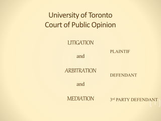 LITIGATION
and
ARBITRATION
and
MEDIATION
1
University of Toronto
Court of Public Opinion
PLAINTIF
DEFENDANT
3rd PARTY DEFENDANT
 