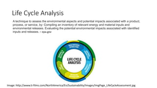 Life Cycle Analysis
A technique to assess the environmental aspects and potential impacts associated with a product,
process, or service, by: Compiling an inventory of relevant energy and material inputs and
environmental releases. Evaluating the potential environmental impacts associated with identified
inputs and releases. – epa.gov
Image: http://www.ti-films.com/NorthAmerica/En/Sustainability/Images/ImgPage_LifeCycleAssessment.jpg
 