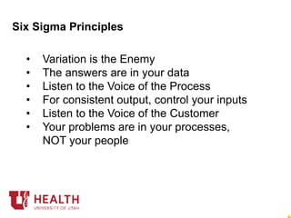 • Variation is the Enemy
• The answers are in your data
• Listen to the Voice of the Process
• For consistent output, control your inputs
• Listen to the Voice of the Customer
• Your problems are in your processes,
NOT your people
Six Sigma Principles
 