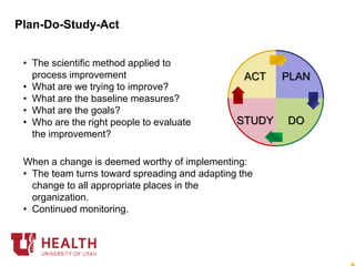 Plan-Do-Study-Act
When a change is deemed worthy of implementing:
• The team turns toward spreading and adapting the
change to all appropriate places in the
organization.
• Continued monitoring.
• The scientific method applied to
process improvement
• What are we trying to improve?
• What are the baseline measures?
• What are the goals?
• Who are the right people to evaluate
the improvement?
PLAN
DO
ACT
STUDY
 