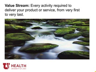 Value Stream: Every activity required to
deliver your product or service, from very first
to very last.
DIRT $$
FIRST
CONTACT
$$
 