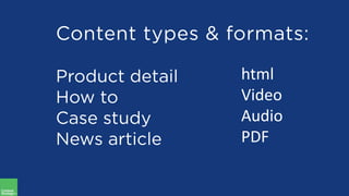 Content types & formats:
Product detail
How to
Case study
News article
html
Video
Audio
PDF
 