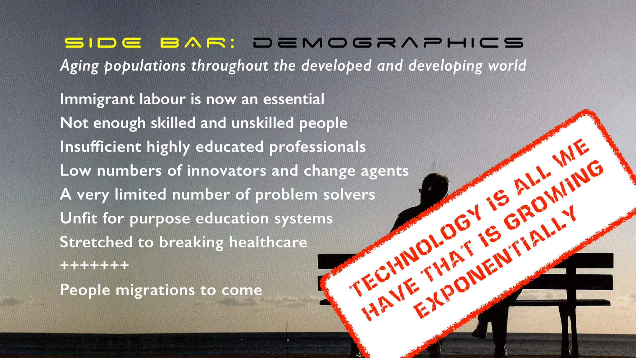 S I D E B A R : d e m o g r a p h i c s
Immigrant labour is now an essential
Not enough skilled and unskilled people
Insufficient highly educated professionals
Low numbers of innovators and change agents
A very limited number of problem solvers
Unfit for purpose education systems
Stretched to breaking healthcare
+++++++
People migrations to come
Aging populations throughout the developed and developing world
technology
is
all
w
e
have
that
is
grow
ing
exponentially
 