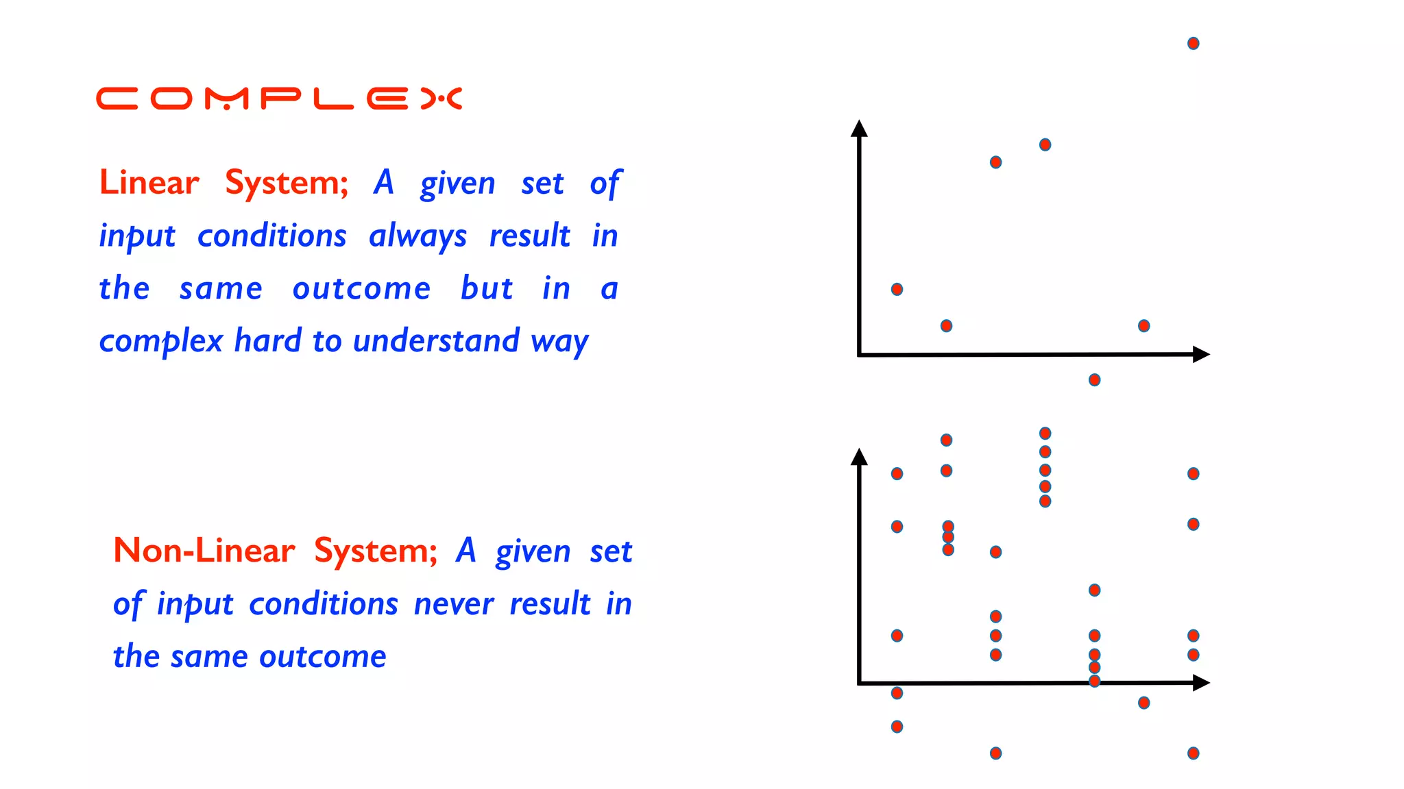 C O M P L E X
Linear System; A given set of
input conditions always result in
the same outcome but in a
complex hard to understand way
Non-Linear System; A given set
of input conditions never result in
the same outcome
 