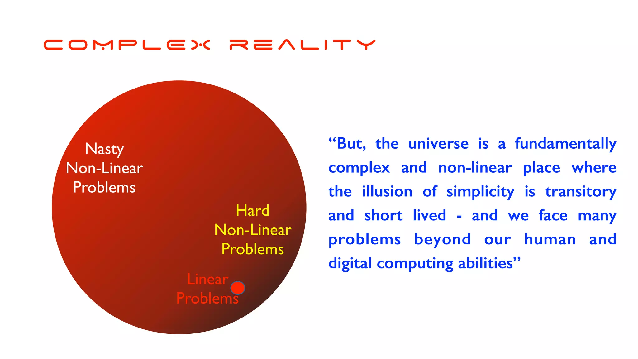 C O M P L E X r e a l i t y
Hard
Non-Linear
Problems
Linear
Problems
“But, the universe is a fundamentally
complex and non-linear place where
the illusion of simplicity is transitory
and short lived - and we face many
problems beyond our human and
digital computing abilities”
Nasty
Non-Linear
Problems
 