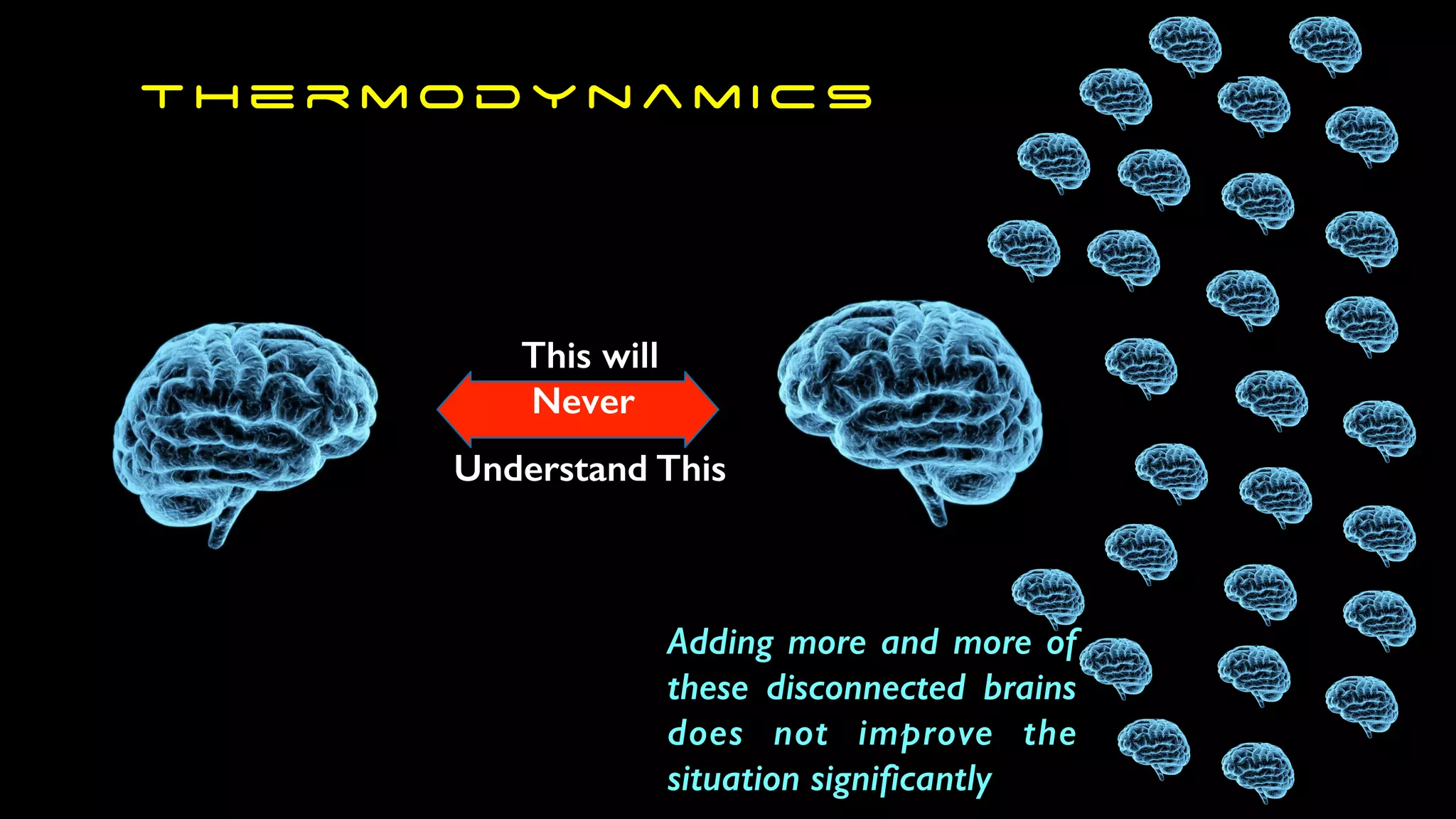 t h e r m o d y n a m i c s
This will
Understand This
Never
Adding more and more of
these disconnected brains
does not improve the
situation significantly
 