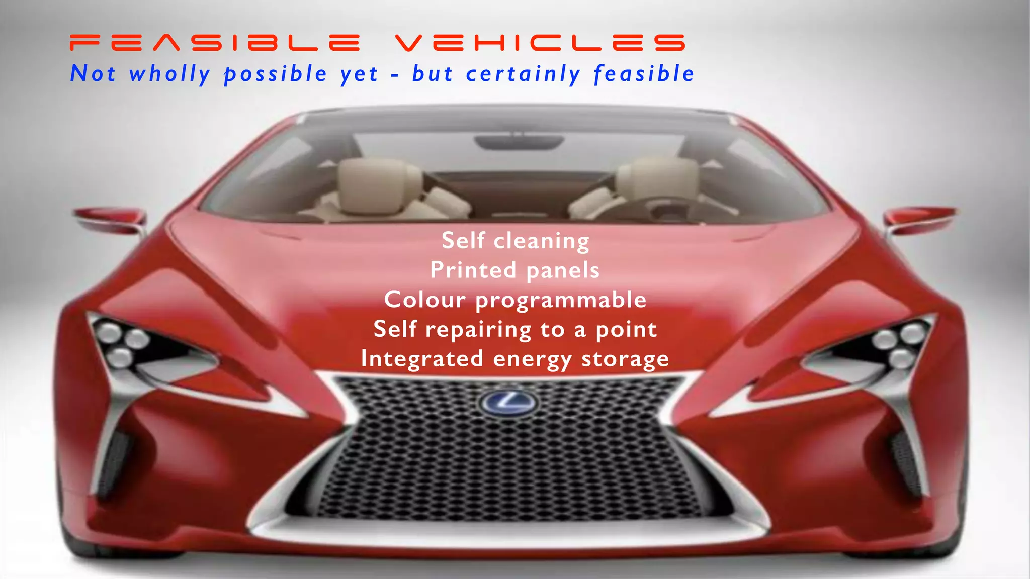 Self cleaning
Printed panels
Colour programmable
Self repairing to a point
Integrated energy storage
Not wholly possible yet - but certainly feasible
f e a s i b l e v e h i c l e s
 