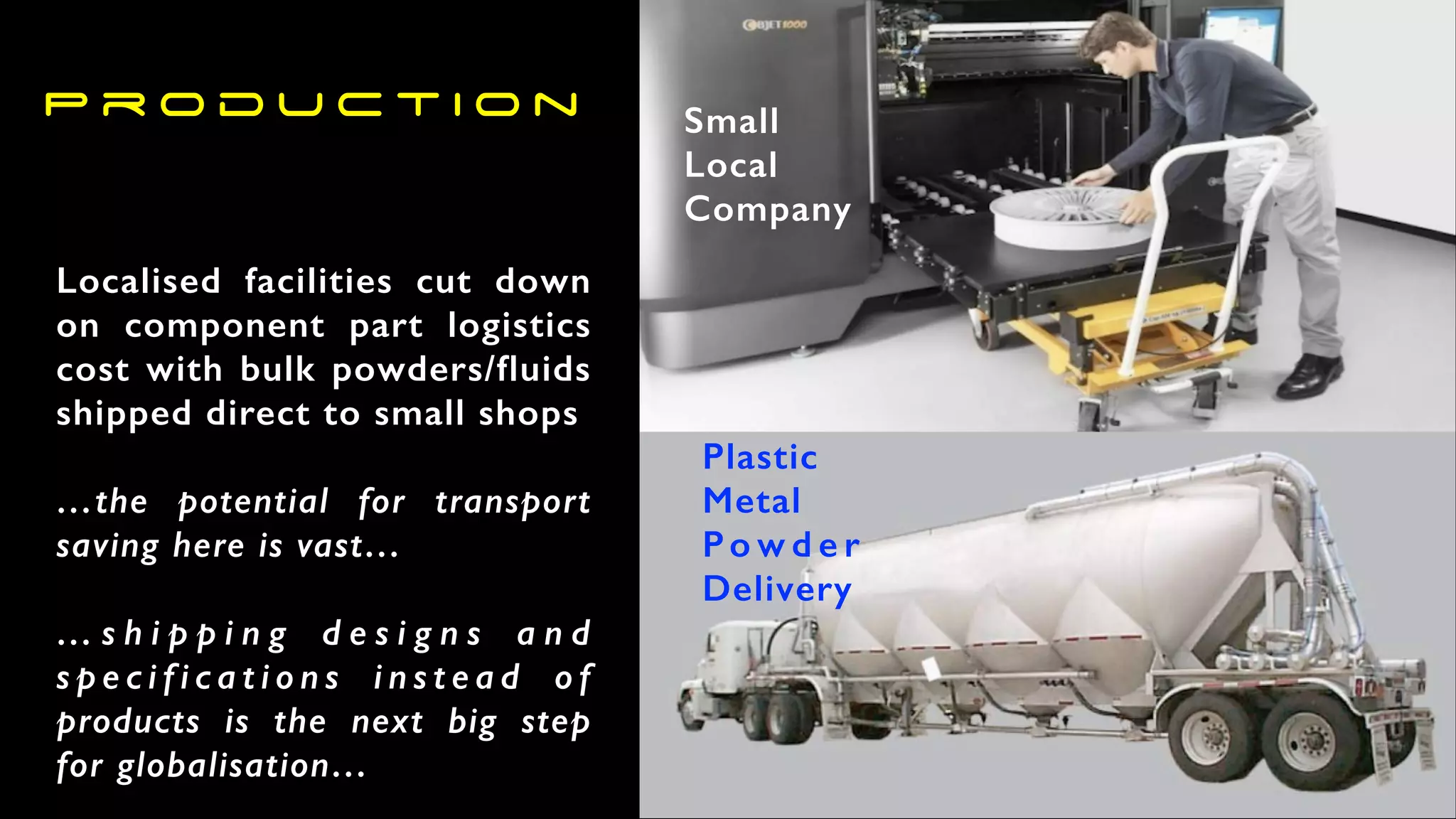 Localised facilities cut down
on component part logistics
cost with bulk powders/fluids
shipped direct to small shops
…the potential for transport
saving here is vast…
… s h i p p i n g d e s i g n s a n d
s p e c i f i c a t i o n s i n s t e a d o f
products is the next big step
for globalisation…
Plastic
Metal
Po w d e r
Delivery
Small
Local
Company
P r o d u c t i o n
 