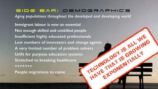 S I D E B A R : d e m o g r a p h i c s
Immigrant labour is now an essential
Not enough skilled and unskilled people
Insufficient highly educated professionals
Low numbers of innovators and change agents
A very limited number of problem solvers
Unfit for purpose education systems
Stretched to breaking healthcare
+++++++
People migrations to come
Aging populations throughout the developed and developing world
technology
is
all
w
e
have
that
is
grow
ing
exponentially
 
