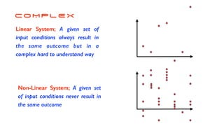 C O M P L E X
Linear System; A given set of
input conditions always result in
the same outcome but in a
complex hard to understand way
Non-Linear System; A given set
of input conditions never result in
the same outcome
 