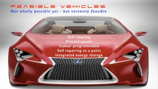 Self cleaning
Printed panels
Colour programmable
Self repairing to a point
Integrated energy storage
Not wholly possible yet - but certainly feasible
f e a s i b l e v e h i c l e s
 