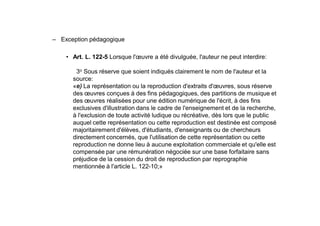 Exception pédagogique

   Art. L. 122-5 Lorsque l' uvre a été divulguée, l'auteur ne peut interdire:

    3o Sous réserve que soient indiqués clairement le nom de l'auteur et la
   source:
   «e) La représentation ou la reproduction d'extraits d' uvres, sous réserve
   des uvres conçues à des fins pédagogiques, des partitions de musique et
   des uvres réalisées pour une édition numérique de l'écrit, à des fins
   exclusives d'illustration dans le cadre de l'enseignement et de la recherche,
   à l'exclusion de toute activité ludique ou récréative, dès lors que le public
   auquel cette représentation ou cette reproduction est destinée est composé
   majoritairement d'élèves, d'étudiants, d'enseignants ou de chercheurs
   directement concernés, que l'utilisation de cette représentation ou cette
   reproduction ne donne lieu à aucune exploitation commerciale et qu'elle est
   compensée par une rémunération négociée sur une base forfaitaire sans
   préjudice de la cession du droit de reproduction par reprographie
   mentionnée à l'article L. 122-10;»
 