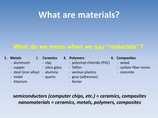 What are materials?
What do we mean when we say “materials”?
1. Metals
- aluminum
- copper
- steel (iron alloy)
- nickel
- titanium
2. Ceramics
- clay
- silica glass
- alumina
- quartz
3. Polymers
- polyvinyl chloride (PVC)
- Teflon
- various plastics
- glue (adhesives)
- Kevlar
semiconductors (computer chips, etc.) = ceramics, composites
nanomaterials = ceramics, metals, polymers, composites
4. Composites
- wood
- carbon fiber resins
- concrete
 