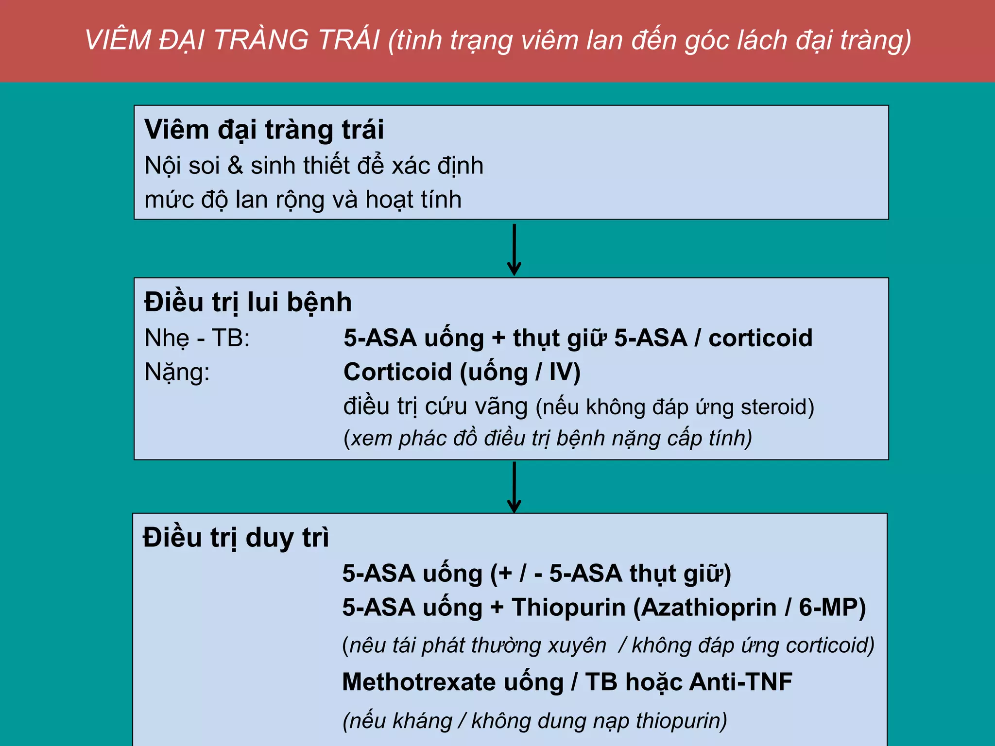 Viêm đại tràng trái
Nội soi & sinh thiết để xác định
mức độ lan rộng và hoạt tính
Điều trị lui bệnh
Nhẹ - TB: 5-ASA uống + thụt giữ 5-ASA / corticoid
Nặng: Corticoid (uống / IV)
điều trị cứu vãng (nếu không đáp ứng steroid)
(xem phác đồ điều trị bệnh nặng cấp tính)
Điều trị duy trì
5-ASA uống (+ / - 5-ASA thụt giữ)
5-ASA uống + Thiopurin (Azathioprin / 6-MP)
(nêu tái phát thường xuyên / không đáp ứng corticoid)
Methotrexate uống / TB hoặc Anti-TNF
(nếu kháng / không dung nạp thiopurin)
VIÊM ĐẠI TRÀNG TRÁI (tình trạng viêm lan đến góc lách đại tràng)
 