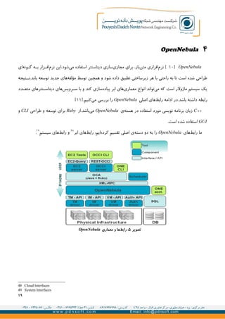۴OpenNebula
OpenNebula]۱۰[‫ای‬‫ونه‬GG‫گ‬ ‫ه‬GG‫ب‬ ‫زار‬GG‫اف‬‫نرم‬ ‫شود.این‬‫می‬ ‫استفاده‬ ‫دیتاسنتر‬ ‫سازی‬‫مجازی‬ ‫برای‬ ،‫باز‬‫متن‬ ‫افزاری‬‫نرم‬
‫تیجه‬GG‫یابد.ن‬ ‫توسعه‬ ‫جدید‬ ‫های‬‫مؤلفه‬ ‫توسط‬ ‫همچین‬ ‫و‬ ‫شود‬ ‫داده‬ ‫تطبیق‬ ‫زیرساختی‬ ‫هر‬ ‫با‬ ‫راحتی‬ ‫به‬ ‫تا‬ ‫است‬ ‫شده‬ ‫طراحی‬
‫دد‬GG‫متع‬ ‫نترهای‬GG‫دیتاس‬ ‫های‬‫رویس‬GG‫س‬ ‫با‬ ‫و‬ ‫کند‬ ‫سازی‬‫پیاده‬ ‫ابر‬ ‫های‬‫معماری‬ ‫انواع‬ ‫تواند‬‫می‬ ‫که‬ ‫است‬ ‫ماژولر‬ ‫سیستم‬ ‫یک‬
‫اصلی‬ ‫های‬‫رابط‬ ‫ادامه‬ ‫باشد.در‬ ‫داشته‬ ‫رابطه‬OpenNebula.‫کنیم‬‫می‬ ‫بررسی‬ ‫را‬]۱۱[
++C‫ی‬‫هسته‬ ‫در‬ ‫استفاده‬ ‫مورد‬ ‫نویسی‬ ‫برنامه‬ ‫زبان‬OpenNebula‫باشد.از‬‫می‬Ruby‫طراحی‬ ‫و‬ ‫توسعه‬ ‫برای‬CLI‫و‬
GUI.‫است‬ ‫شده‬ ‫استفاده‬
‫های‬‫رابط‬ ‫ما‬OpenNebula‫ابر‬ ‫های‬‫رابط‬ :‫ایم‬‫کرده‬ ‫تقسیم‬ ‫اصلی‬ ‫ی‬‫دسته‬ ‫دو‬ ‫به‬ ‫را‬۴۸
‫سیستم‬ ‫های‬‫رابط‬ ‫و‬۴۹
.
48 Cloud Interfaces
49 System Interfaces
۱۹
‫تصویر‬۵‫معماری‬ ‫و‬ ‫ها‬‫رابط‬ :OpenNebula
 