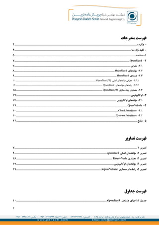 ‫مندرجات‬ ‫فهرست‬
‫چکیده‬ -.......................................................................................................................................................................................................۴
‫ها‬ ‫واژه‬ ‫کلید‬ -..............................................................................................................................................................................................۴
۱‫مقدمه‬ -.....................................................................................................................................................................................................۵
۲-OpenStack...........................................................................................................................................................................................۷
۲.۱‫معرفی‬ -...............................................................................................................................................................................................................۷
۲.۲‫های‬‫مؤلفه‬ -OpenStack...................................................................................................................................................................................۸
۲.۳‫ی‬‫هسته‬ -OpenStack......................................................................................................................................................................................۹
۲.۳.۱‫اصلی‬ ‫های‬‫مؤلفه‬ ‫معرفی‬ -OpenStack[3]...............................................................................................................................................................۱۰
۲.۳.۲‫های‬‫مؤلفه‬ ‫های‬‫رابط‬ -OpenStack............................................................................................................................................................................۱۲
۲.۴‫سازی‬‫پیاده‬ ‫معماری‬ -OpenStack[3]..........................................................................................................................................................۱۵
۳‫اوکالیپتوس‬ -..........................................................................................................................................................................................۱۷
۳.۱‫اوکالیپتوس‬ ‫های‬‫مؤلفه‬ -...................................................................................................................................................................................۱۷
۴-OpenNebula.....................................................................................................................................................................................۱۹
۴.۱-Cloud Interfaces......................................................................................................................................................................................۲۰
۴.۲-Systems Interfaces..................................................................................................................................................................................۲۰
۵‫منابع‬ -.....................................................................................................................................................................................................۲۲
‫تصاویر‬ ‫فهرست‬
‫تصویر‬۱........................................................................................................................................................................................................۷
‫تصویر‬۲‫اصلی‬ ‫های‬‫مؤلفه‬ :openstack......................................................................................................................................................۹
‫تصویر‬۳‫معماری‬ :Three-Node............................................................................................................................................................۱۶
‫تصویر‬۴‫اوکالیپتوس‬ ‫های‬‫مؤلفه‬ :...............................................................................................................................................................۱۷
‫تصویر‬۵‫معماری‬ ‫و‬ ‫ها‬‫رابط‬ :OpenNebula............................................................................................................................................۱۹
‫جداول‬ ‫فهرست‬
‫جدول‬۱‫ی‬‫هسته‬ ‫اجزای‬ :OpenStack....................................................................................................................................................۱۰
۲
 