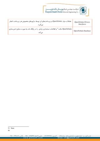 OpenNebula Drivers
Interfaces
‫میان‬ ‫تعاملت‬OpenNebula‫انجام‬ ‫ساخت‬‫زیر‬ ‫هر‬ ‫مخصوص‬ ‫درایورهای‬ ‫توسط‬ ‫ابر‬ ‫های‬‫زیرساخت‬ ‫و‬
.‫گیرد‬‫می‬
OpenNebula Database
OpenNebula‫حالت‬۵۱
‫سازی‬‫ذخیره‬ ‫مداوم‬ ‫صورت‬ ‫به‬ ‫داده‬ ‫پایگاه‬ ‫در‬ ‫را‬ ‫زیادی‬ ‫حسابداری‬ ‫اطلعات‬ ‫و‬
.‫کند‬‫می‬
51 State
۲۱
 