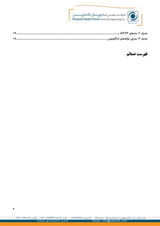 ‫جدول‬۲‫متدهای‬ :HTTP........................................................................................................................................................................۱۳
‫جدول‬۳‫اوکالیپتوس‬ ‫های‬‫مؤلفه‬ ‫معرفی‬ :...................................................................................................................................................۱۸
‫ضمائم‬ ‫فهرست‬
۳
 