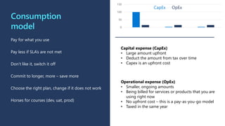 Consumption
model
Pay for what you use
Pay less if SLA’s are not met
Don’t like it, switch it off
Commit to longer, more – save more
Choose the right plan, change if it does not work
Horses for courses (dev, uat, prod)
Capital expense (CapEx)
• Large amount upfront
• Deduct the amount from tax over time
• Capex is an upfront cost
Operational expense (OpEx)
• Smaller, ongoing amounts
• Being billed for services or products that you are
using right now
• No upfront cost – this is a pay-as-you-go model
• Taxed in the same year
0
50
100
150
CapEx vs OpEx
 