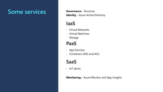 Some services
IaaS
 Virtual Networks
 Virtual Machines
 Storage
PaaS
 App Services
 Containers (AKS and ACI)
SaaS
 IoT demo
Governance - Structure
Identity - Azure Active Directory
Monitoring – Azure Monitor and App Insights
 