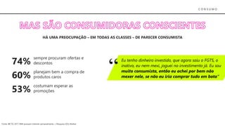 Fonte: BR TG 2017 MM acessam Internet semanalmente + Pesquisa UOL Mulher
74%
sempre procuram ofertas e
descontos
60%
planejam bem a compra de
produtos caros
53%
costumam esperar as
promoções
Eu tenho dinheiro investido, que agora saiu o FGTS, o
inativo, eu nem mexi, joguei no investimento já. Eu sou
muito consumista, então eu achei por bem não
mexer nele, se não eu iria comprar tudo em bota”
HÁ UMA PREOCUPAÇÃO – EM TODAS AS CLASSES – DE PARECER CONSUMISTA
C O N S U M O
 