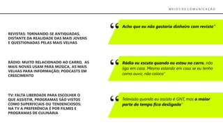 M E I O S D E C O M U N I C A Ç Ã O
REVISTAS: TORNANDO-SE ANTIQUADAS,
DISTANTE DA REALIDADE DAS MAIS JOVENS
E QUESTIONADAS PELAS MAIS VELHAS
TV: FALTA LIBERDADE PARA ESCOLHER O
QUE ASSISTIR, PROGRAMAS SÃO VISTOS
COMO SUPERFICIAIS OU TENDENCIOSOS;
NA TV A PREFERÊNCIA É POR FILMES E
PROGRAMAS DE CULINÁRIA
RÁDIO: MUITO RELACIONADO AO CARRO, AS
MAIS NOVAS USAM PARA MÚSICA, AS MAIS
VELHAS PARA INFORMAÇÃO; PODCASTS EM
CRESCIMENTO
Acho que eu não gastaria dinheiro com revista”
Rádio eu escuto quando eu estou no carro, não
ligo em casa. Mesmo estando em casa se eu tenho
como ouvir, não coloco”
Televisão quando eu assisto é GNT, mas a maior
parte do tempo fica desligada”
 