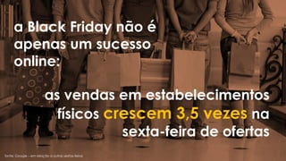 a Black Friday não é
apenas um sucesso
online:
as vendas em estabelecimentos
físicos crescem 3,5 vezes na
sexta-feira de ofertas
fonte: Google – em relação a outras sextas-feiras
 