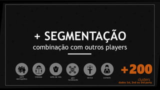 + SEGMENTAÇÃO
combinação com outros players
+200
dados 1st, 2nd ou 3rd party
clusters
geo-
localização
device contextoperfil
demográfico
interesse estilo de vida
 