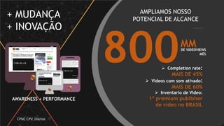 AMPLIAMOS NOSSO
POTENCIAL DE ALCANCE
800MMDE VIDEOVIEWS
MÊS
CPM, CPV, Diárias
AWARENESS + PERFORMANCE
 Completion rate:
MAIS DE 45%
 Videos com som ativado:
MAIS DE 60%
 Inventario de Video:
1º premium publisher
de vídeo no BRASIL
+ MUDANÇA
+ INOVAÇÃO
 