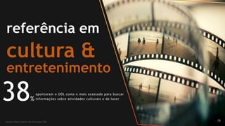 Fontes: Segoe UI Light – 8pt
referência em
apontaram o UOL como o mais acessado para buscar
informações sobre atividades culturais e de lazer38%
cultura &
entretenimento
Pesquisa Ibope Conecta com Paulistanos 2014
 